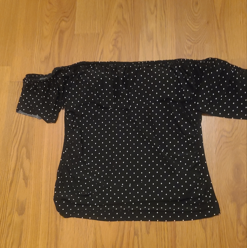 St. John's Bay Black Polka Dot Off-Shoulder Swim Tankini Top